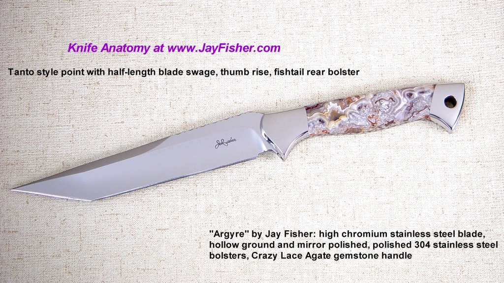 "Argyre" Collector's Tactical Knife: 440C high chromium stainless tool steel blade, mirror polished, hollow ground, 304 high nickel-chromium stainless steel bolsters, Crazy Lace Agate Gemstone handle