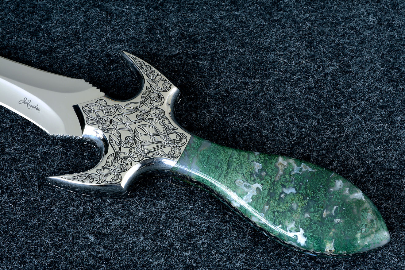 "Achelous" in ATS-34 high molybdenum stainless steel blade, hand-engraved 304 stainless steel bolsters, Indian Green Moss Agate gemstone handle, hand-carved leather sheath inlaid with frog skin