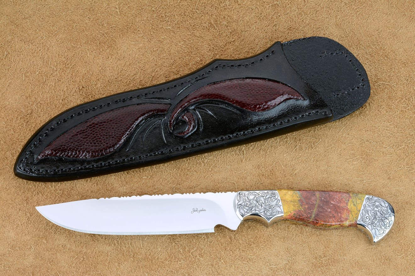 "Aldebaran" obverse side view in CPM154CM high molybdenum powder metal technology stainless steel blade, hand-engraved 304 stainless steel bolsters, Sunset Jasper gemstone  handle, hand-carved leather sheath inlaid with ostrich leg skin