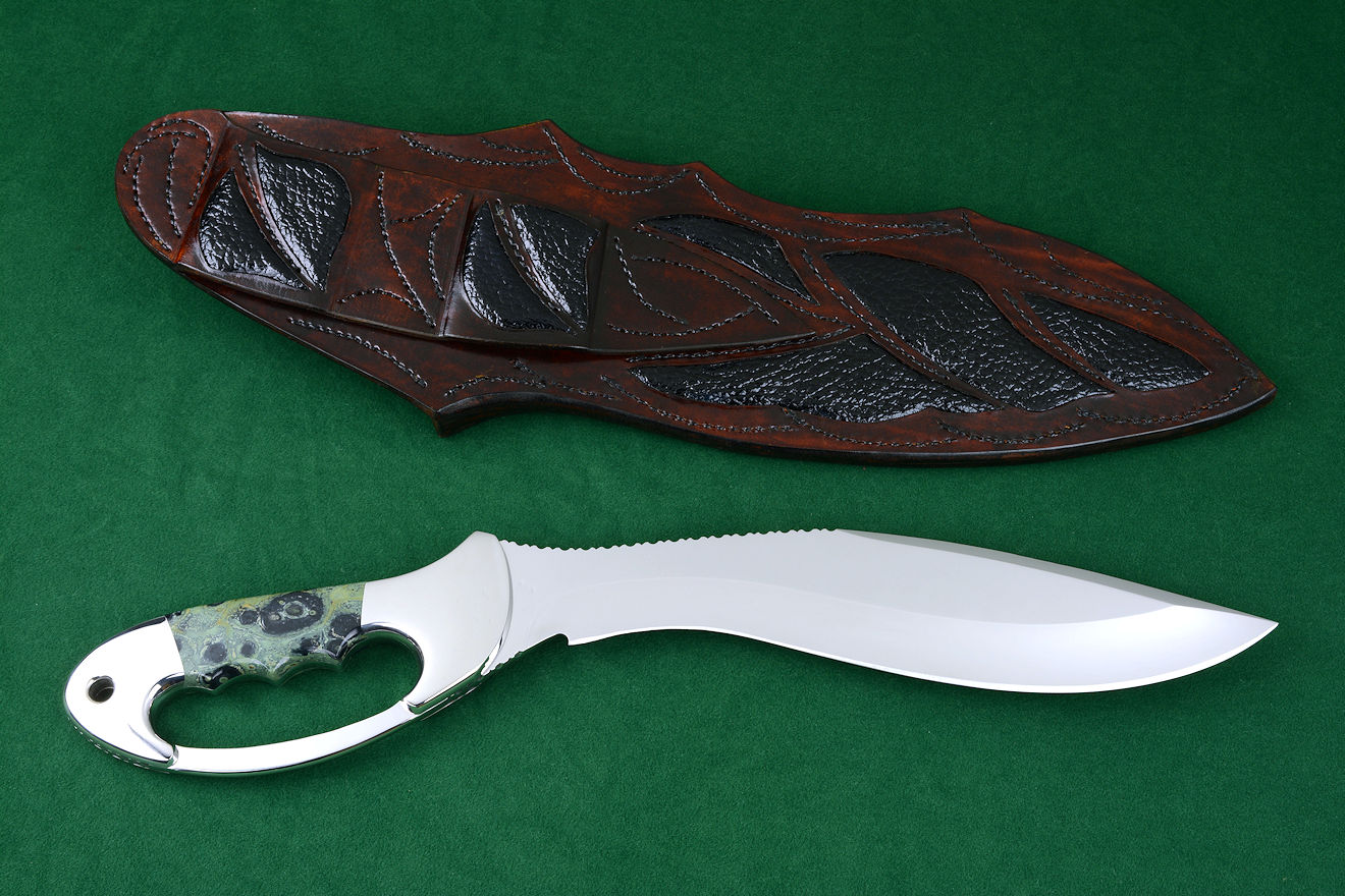 "Ananke" fine custom handmade khukri, reverse side view with sheath back view