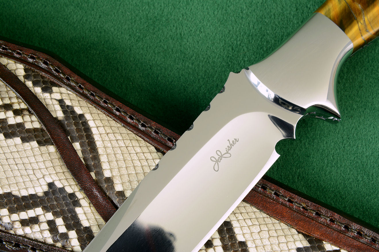 "Argyre" obverse side view in 440C high chromium stainless steel blade, 304 stainless steel bolsters, Tigereye quartz gemstone handle, python skin inlaid in hand-carved leather sheath