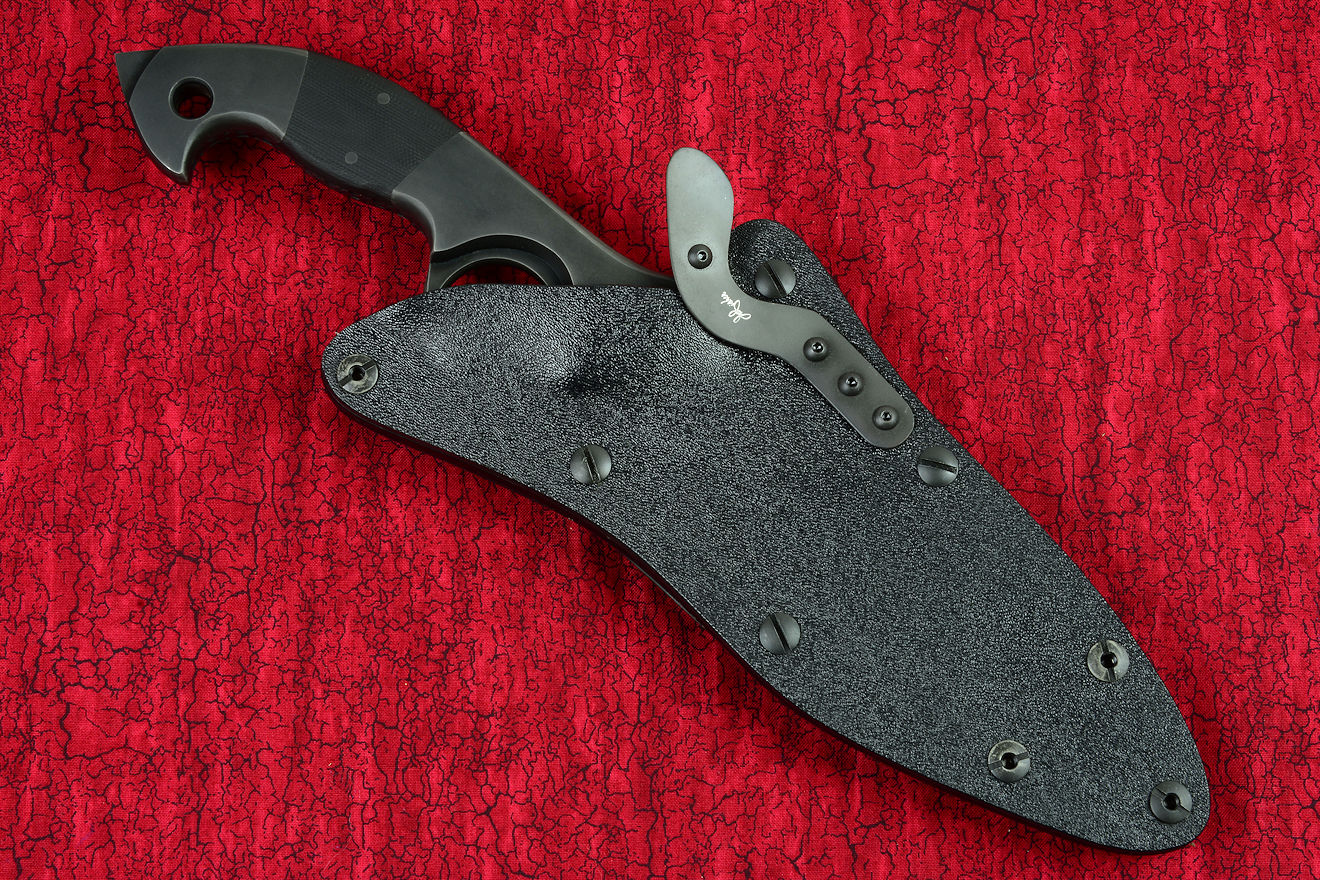 "Ari B'Lilah" counterterrorism, close quarters combat tactical knife sheath in kydex, stainless steel, anodized aluminum, and titanium