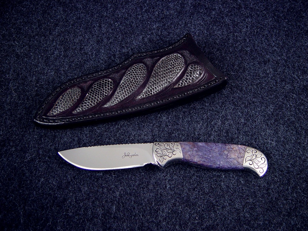 "Aurora" (Obverse View) 440C stainless steel blade, hand-engraved 304 stainless steel bolsters, Dumortierite Gemstone handle, gray lizard skin inlaid in leather sheath