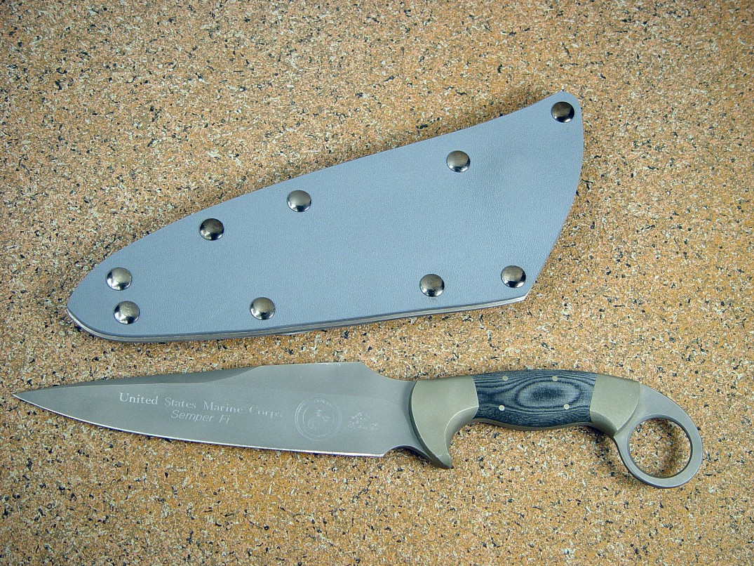 United States Marine Corps "Bulldog" in ATS-34 blade, nickel silver bolsters, canvas Micarta phenolic handle, gray kydex, aluminum, steel sheath