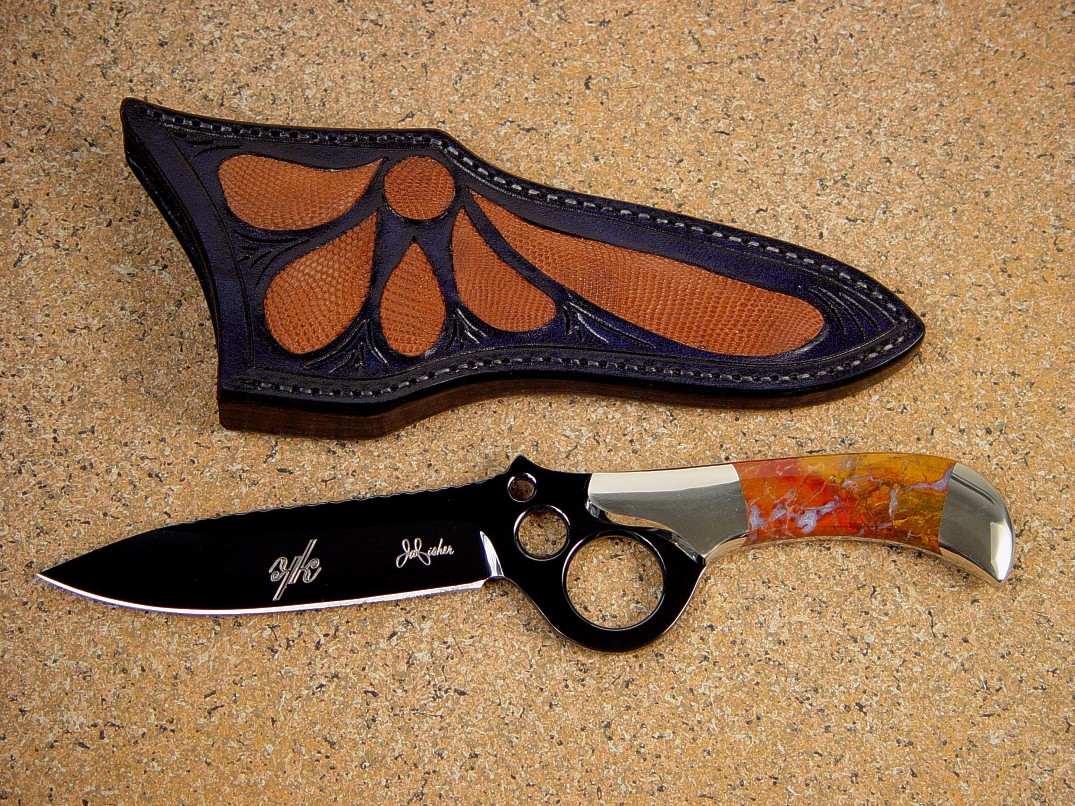 "Diacria" custom knife in mirror polished and blued O-1 tungsten-vanadium tool steel blade, nickel silver bolsters, Polvader Jasper gemstone handle, lizard skin inlaid in hand-carved leather sheath