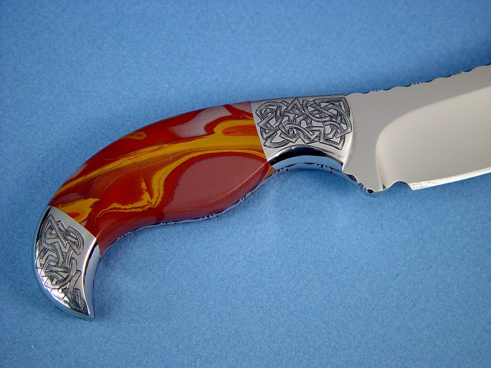 "Izanagi" fine handmade knife, obverse side view: 440C high chromium stainless steel blade, hand-engraved 304 stainless steel bolsters, Noreena Jasper Gemstone  handle, Rayskin inlaid in hand-carved leather sheath