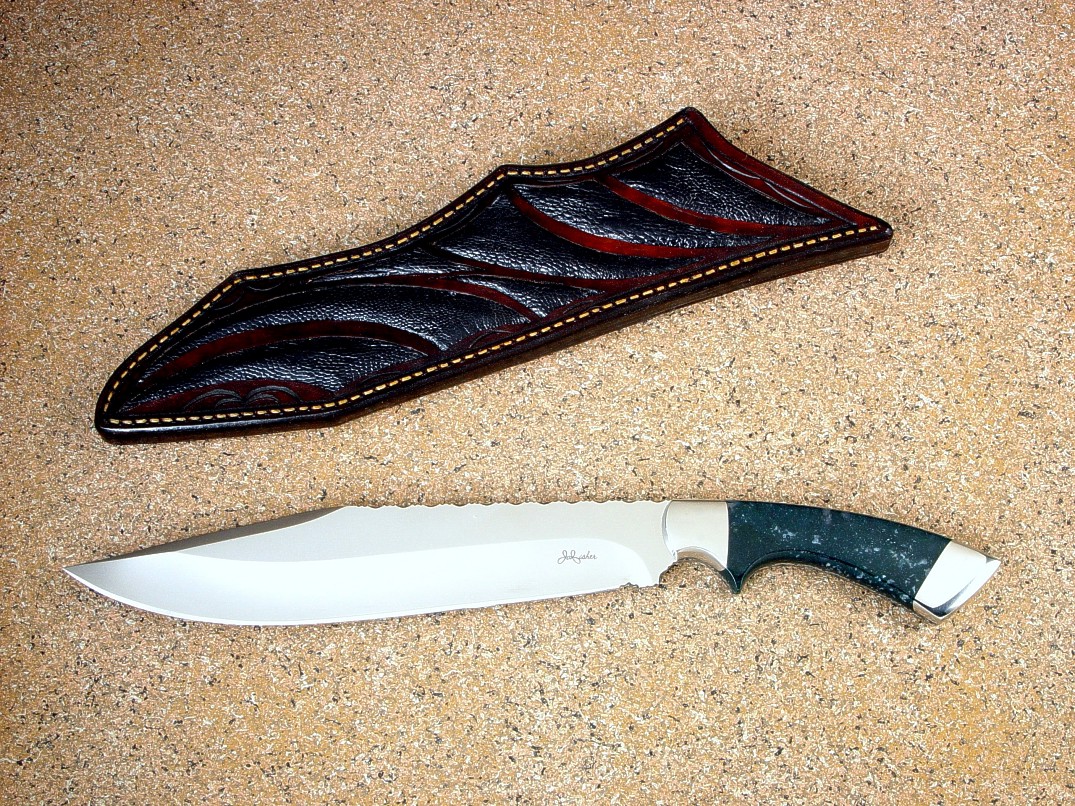 "Jungle Bowie" 440C high chromium stainless steel blade, 304 stainless steel bolsters, Indian Green Moss Agate gemstone handle, Ostrich leg inlaid in hand-tooled leather shoulder.