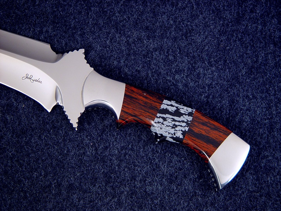 "Kadi" Obverse side view: 440c high chromium stainless steel double hollow ground blade, 304 stainless steel bolsters, Mahogany Obsidian and Snowflake Obsidian gemstone handle, aluminum, kydex, nickel plated steel sheath