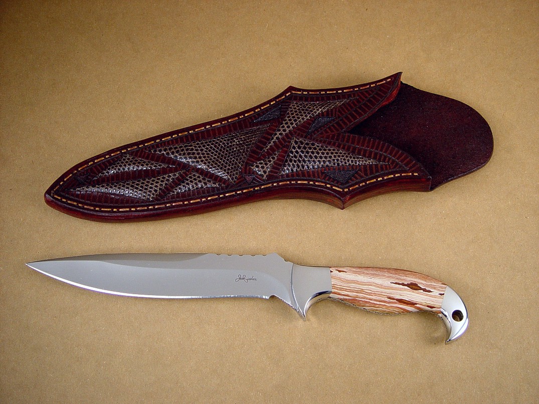 "Kapteyn" Obverse side view: 440C high chromium stainless steel blade, 304 stainless steel bolsters, Antelope Jasper gemstone knife handle, lizard skin inlaid in hand-carved leather knife sheath