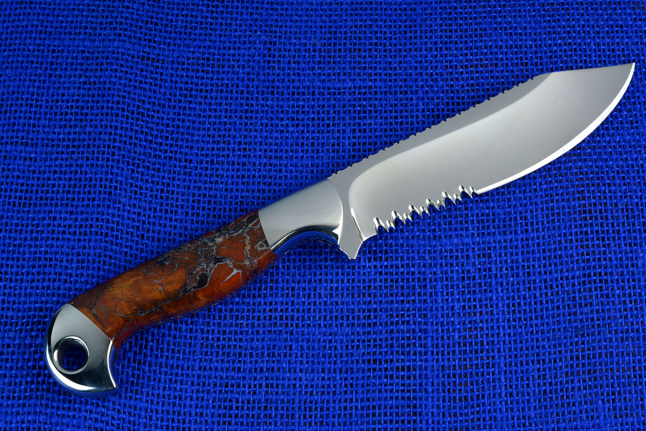 "Mariner" Sailor's Knife with "Seahawk" marlinspike, obverse side view in 440C high chromium martensitic stainless steel blade, T3 cyrogenic treatment, 304 stainless steel bolsters, Stone Canyon Jasper gemstone handle, hand-carved leather sheath inlaid with shark skin