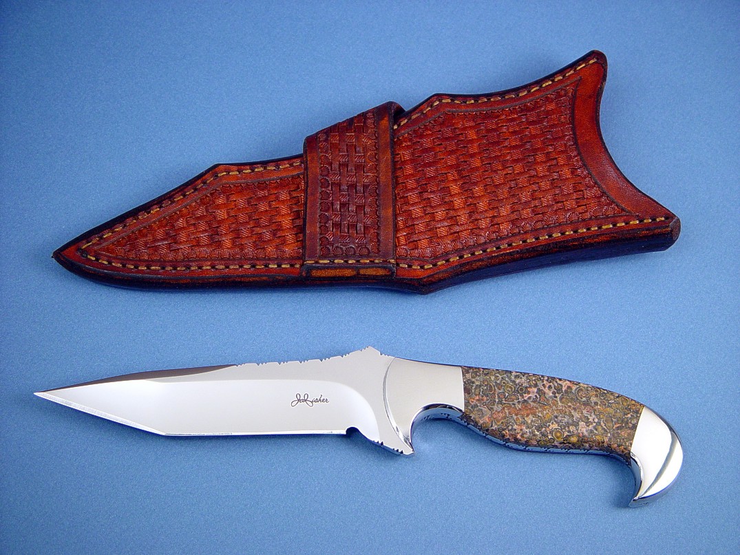 "Mercury Magnum" obverse side view: 440C stainless steel blade, 304 stainless steel bolsters, Red Leopard Skin Jasper gemstone handle, basket weave crossdraw leather sheath