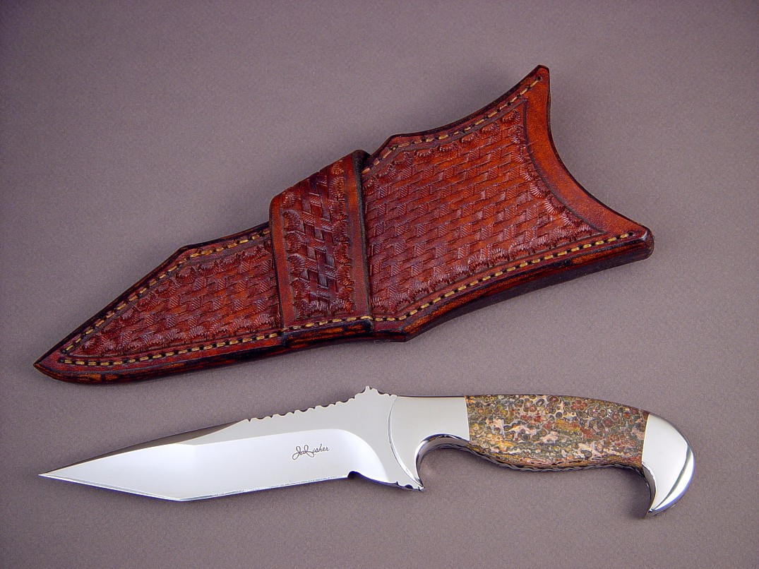 "Mercury Magnum" obverse side view: 440C stainless steel blade, 304 stainless steel bolsters, Red Leopard Skin Jasper gemstone handle, basket weave crossdraw leather sheath