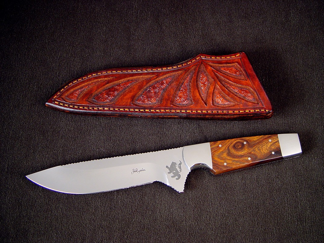 "Paraeagle" fine tactical knife in 440c high chromium stainless steel blade, custom etched, 304 stainless steel bolsters, Desert Ironwood handle, hand-carved and tooled leather sheath