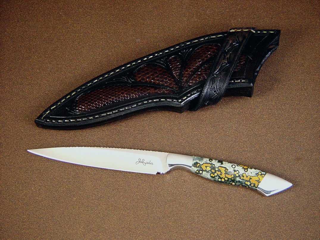 "Santa Fe" obverse side view in 440C high chromium stainless steel blade, 304 stainless steel bolsters, orbicular jasper gemstone handle, lizard skin inlaid in hand-carved leather sheath