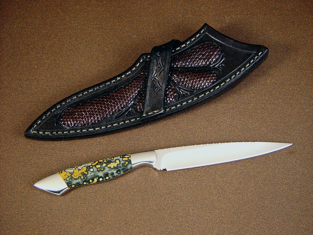 "Santa Fe" reverse side view in 440C high chromium stainless steel blade, 304 stainless steel bolsters, orbicular jasper gemstone handle, lizard skin inlaid in hand-carved leather sheath