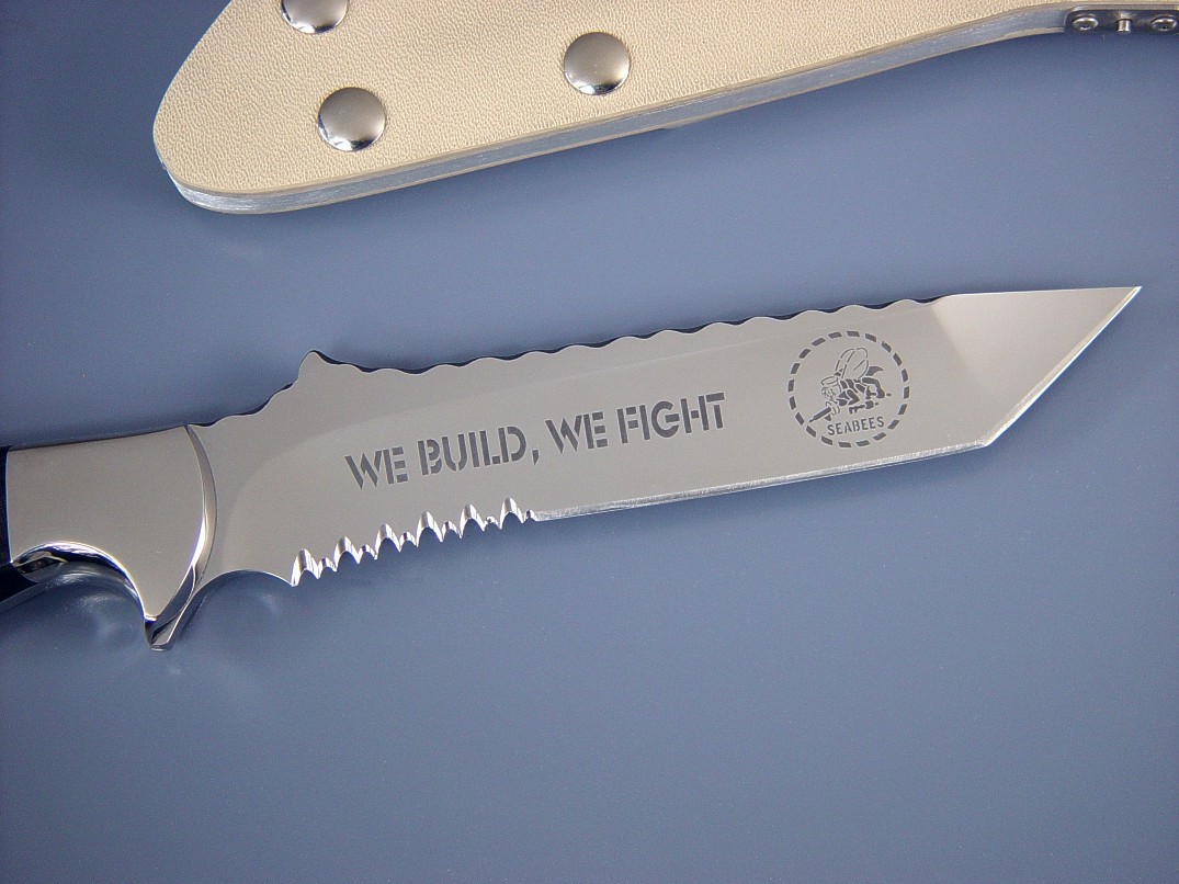 "Seabee"in ATS-34 high molybdenum stainless steel blade, 304 stainless steel bolsters, canvas micarta phenolic handle, locking kydex, aluminum stainless steel, nickel plated steel sheath