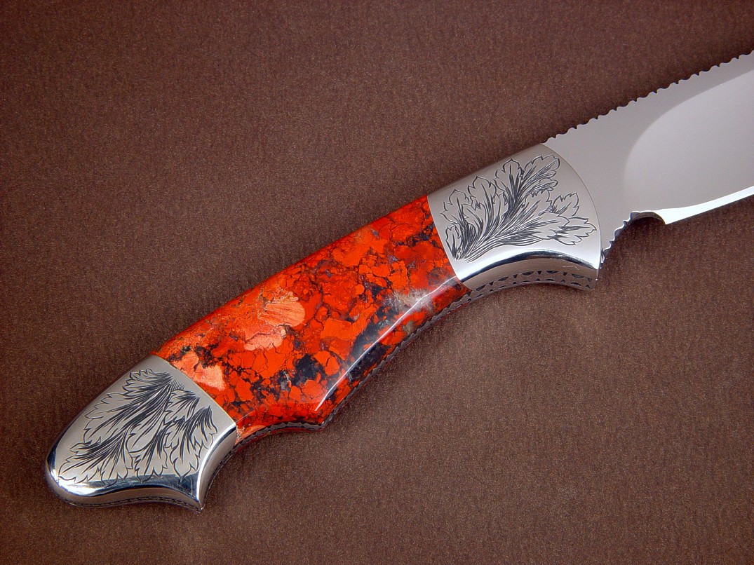 "Thuban" obverse side view in ATS-34 high molybdenum stainless steel blade, hand-engraved 304 stainless steel bolsters, brecciated jasper gemstone handle, lizard skin inlaid in hand-carved leather sheath