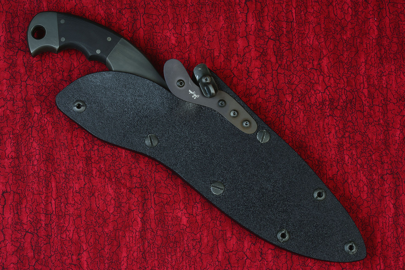 "Torvus" Counterterrorism Tactical Knife in T4 cryogenically treated CPMS30V  powder metal technology high vanadium martensitic stainless steel blade, 304 stainless steel bolsters, Black G10 fiberglass/epoxy composite handle, hybrid tension tab-locking sheath in kydex, anodized aluminum, stainless steel, titanium