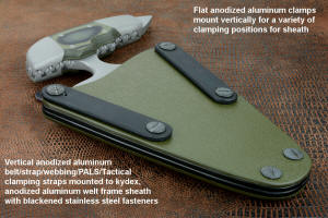 Flat clamping straps for tactical knives in anodized high strength aluminum alloy