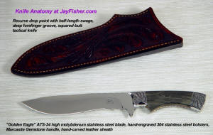 "Golden Eagle" ATS-34 high molybdenum stainless steel blade, hand-engraved 304 stainless steel bolsters, Marcasite and Jasper gemstone handle, hand-carved leather sheath