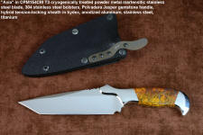 "Axia" Custom tactical knife, obverse side view in CPM 154CM powder metal high molybdenum martensitic stainless steel blade, T3 cryogenically treated blade, 304 stainless steel bolsters, Polvadera Jasper gemstone handle, hybrid tension-locking sheath in kydex, anodized aluminum, stainless steel, titanium