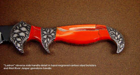 Engraving, handle detail on fine gemstone handled knife: "Ladron" 