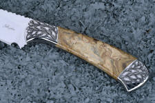 "Talitha" obverse side view in 440c high chromium stainless steel blade, hand-engraved 304 stainless steel bolsters, Fossil Cretaceous Algae Jasper gemstone handle, hand-carved, hand-dyed leather sheath