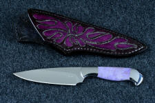 "Andromeda" obverse side view in deep cryogenically treated CPM 154CM powder metal technology high molybdenum stainless steel blade, 304 stainless steel bolsters, Purple Turkish Jade gemstone handle, hand-carved, hand-dyed leather sheath