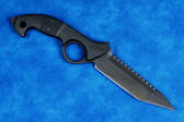 "Ari B'Lilah" counterterrorism, tactical, combat knife, obverse side view in T4 cryogenically treated 440C high chromium martensitic stainless steel blade, 304 stainless steel bolsters, carbon fiber handle, hybrid tension tab locking sheath in kydex, anodized aluminum, anodized titanium, black oxide stainless steel