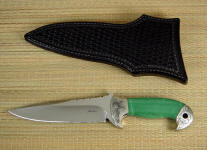 Cygnus-Horrocks in ATS-34 stainless blade steel, nickel silver bolsters, Aventurine gemstone, leather sheath