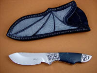 "Furud" obverse side view: 440C high chromium stainless steel blade, hand-engraved 304 stainless steel bolsters, Spiderweb Obsidian gemstone handle, Shark skin inlaid in hand-carved leather sheath