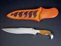 "Kapteyn" obverse side view in 440C high chromium stainless steel blade, 304 stainless steel bolsters, Cobra Jasper (Script stone) gemstone handle, Ostrich leg skin inlaid in hand-carved leather sheath