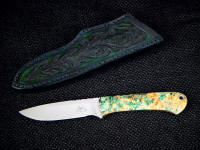 "Mirach," obverse side view, in RWL34 high molybdenum stainless steel blade, stabilized box elder burl hardwood handle, hand-carved leather sheath