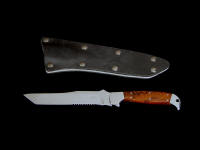 "PJLT" Tactical knife, obverse side view in 440C high chromium stainless steel blade, 304 stainless steel bolsters, Thuya Burl exotic hardwood handle, tension fit kydex, aluminum, nickel plated steel sheath