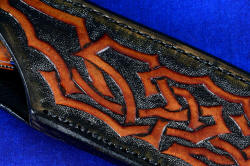 "Rebanador" Fine Custom Handmade knife, close enlargement view of sheath tooling, dying, and highlighting