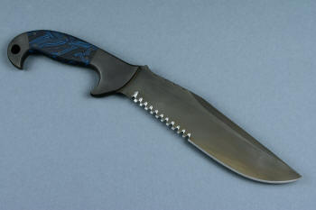 "Utamu" Custom Crossover, Survival, Tactial knife, reverse side view in T4 cryogenically treated CPM 154CM powder metal high molybdenum martensitic stainless steel blade, 304 stainless steel bolsters, blue/black G10 compos000ite handle, positively locking sheath of kydex, anodized aluminum, black oxide stainless steel, anodized titanium