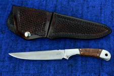 "Yarden" obverse side view in CPMS30V high vanadium tool steel blade, 304 stainless steel bolsters, Thuya burl hardwood handle, hand-tooled leather sheath