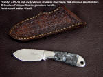 "Firefly" ATS-34 high molybdenum stainless steel blade, 304 stainless steel bolsters, orthoclase feldspar granite gemstone handle, hand-tooled leather sheath