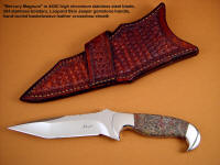 "Mercury Magnum" 440C high chromium stainless steel blade, 304 stainless steel bolsters, Red Leopard Skin Jasper gemstone handle, hand-tooled basketweave crossdraw leather sheath