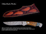 "Mizar" obverse side in pattern welded O1 and A36 steel blade and bolsters, Pietersite agate gemstone handle, hand-carved leather sheath inlaid with tegu lizard skin