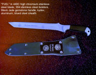 "PJ" Extra length blade, obverse side view in etched 440C high chromium stainless steel blade, 304 stainless steel bolsters, Black Jade gemstone handle, tension fit kydex, aluminum, blued steel sheath