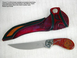 "Pecos II", obverse side view in ATS-34 high molybdenum stainless steel blade, hand-engraved carbon steel bolsters, New Mexico Jasper gemstone handle, shark skin inlaid in hand-carved leather sheath