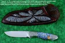 "Thuban" custom knife, obverse side view in CPM154CM powder metal technology, T3 cryogenically treated stainless steel blade, hand-engraved 304 stainless steel bolsters, Moss Agate gemstone handle, hand-carved leather sheath inlaid with frog skin