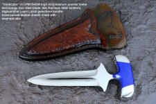 "Vindicator" push dagger, obverse side view in CPM154CM powder metal technology tool steel blade, 304 stainless steel bolsters, Afghanistan Lapis Lazuli gemstone handle, hand-carved leather sheath inlaid with Elephant skin