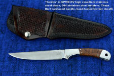 "Yarden" obverse side view in CPMS30V high vanadium tool steel blade, 304 stainless steel bolsters, Thuya burl hardwood handle, hand-tooled leather sheath